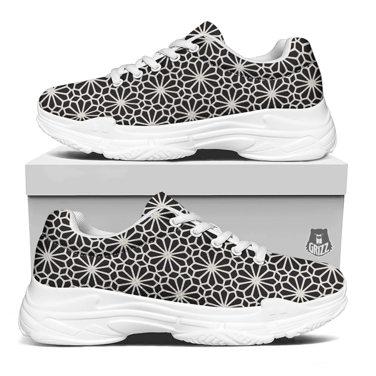 Geometric Floral White And Black Print White Chunky Shoes-grizzshop