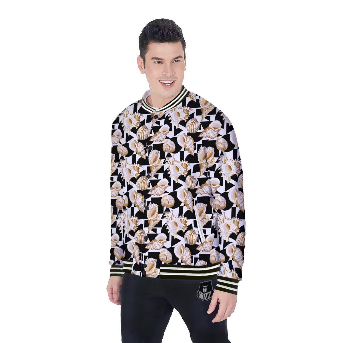 Geometric Gold Sea Shell Print Pattern Baseball Jacket-grizzshop