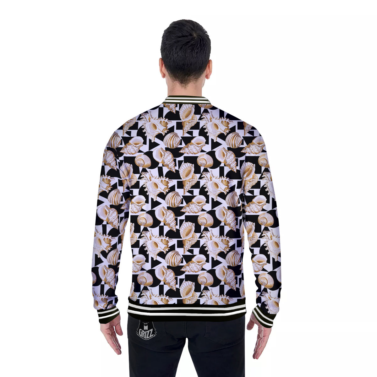 Geometric Gold Sea Shell Print Pattern Baseball Jacket-grizzshop