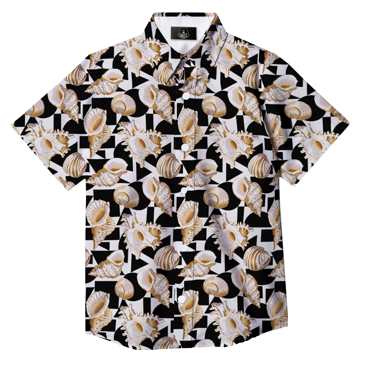 Geometric Gold Sea Shell Print Pattern Button Up Shirt-grizzshop