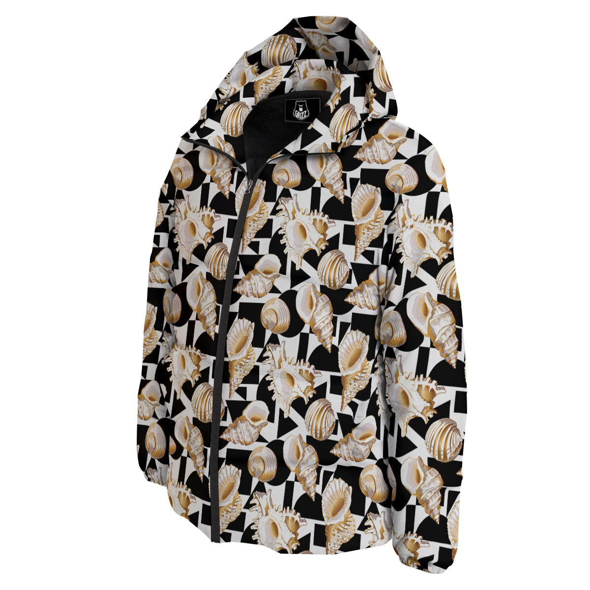 Geometric Gold Sea Shell Print Pattern Down Jacket-grizzshop