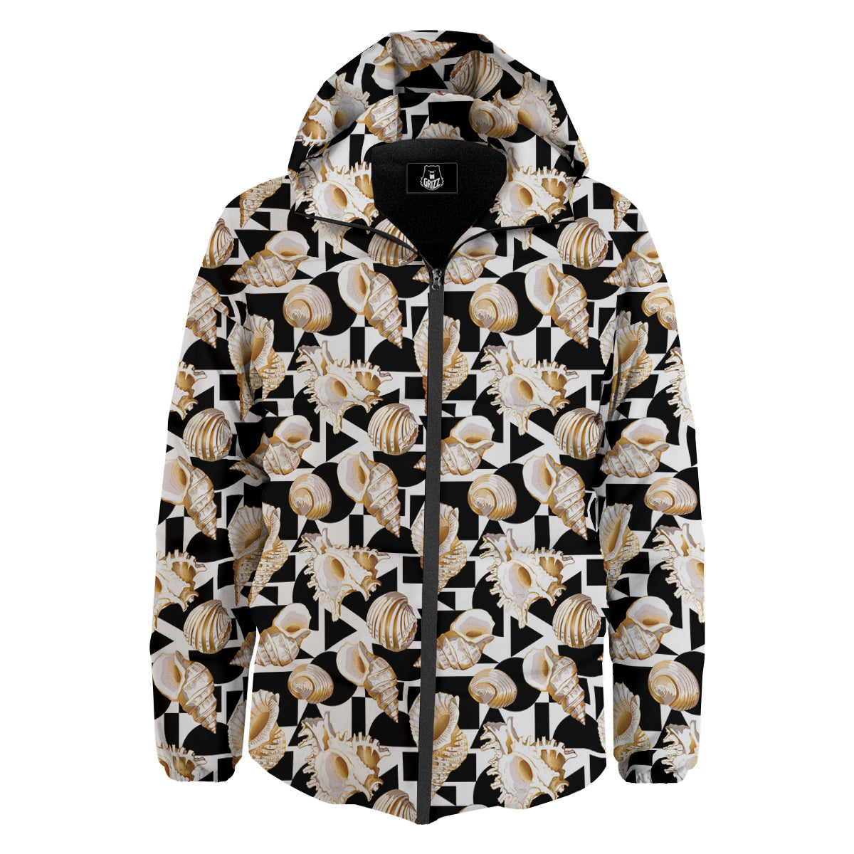 Geometric Gold Sea Shell Print Pattern Down Jacket-grizzshop