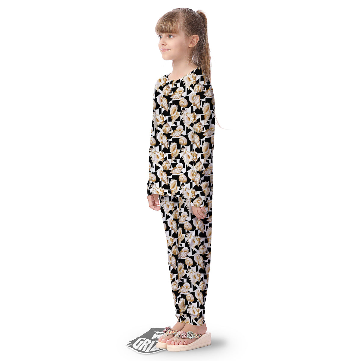 Geometric Gold Sea Shell Print Pattern Kid's Pajamas-grizzshop