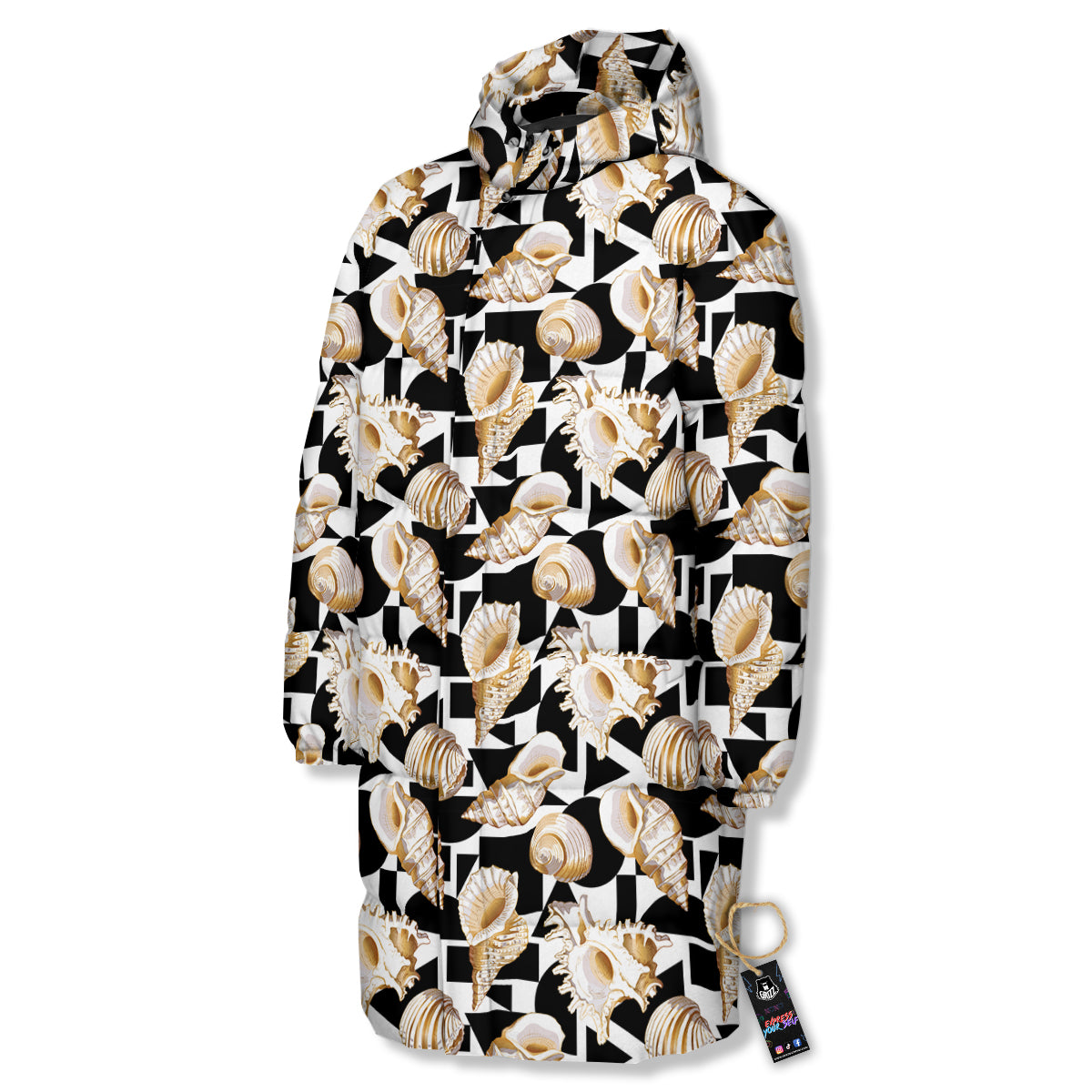 Geometric Gold Sea Shell Print Pattern Long Down Jacket-grizzshop