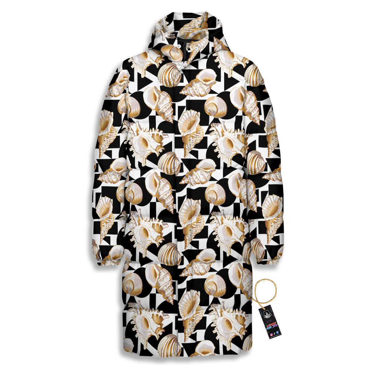 Geometric Gold Sea Shell Print Pattern Long Down Jacket-grizzshop