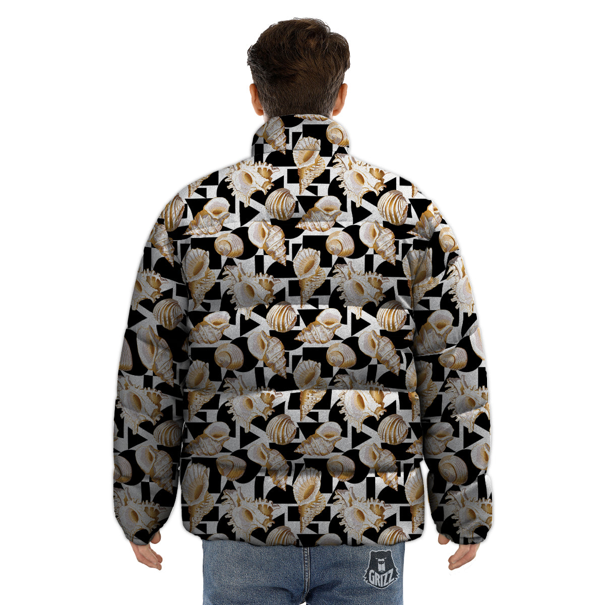Geometric Gold Sea Shell Print Pattern Puffer Jacket-grizzshop