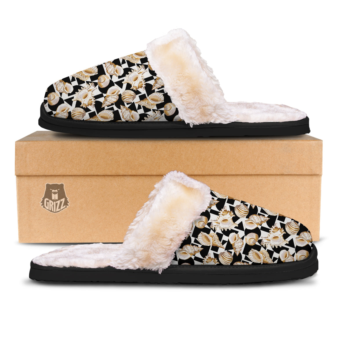 Geometric Gold Sea Shell Print Pattern Slippers-grizzshop