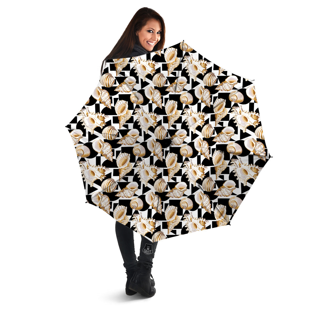 Geometric Gold Sea Shell Print Pattern Umbrella-grizzshop