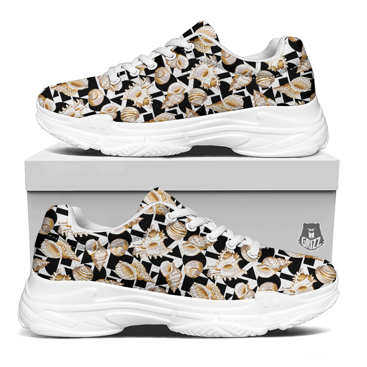 Geometric Gold Sea Shell Print Pattern White Chunky Shoes-grizzshop