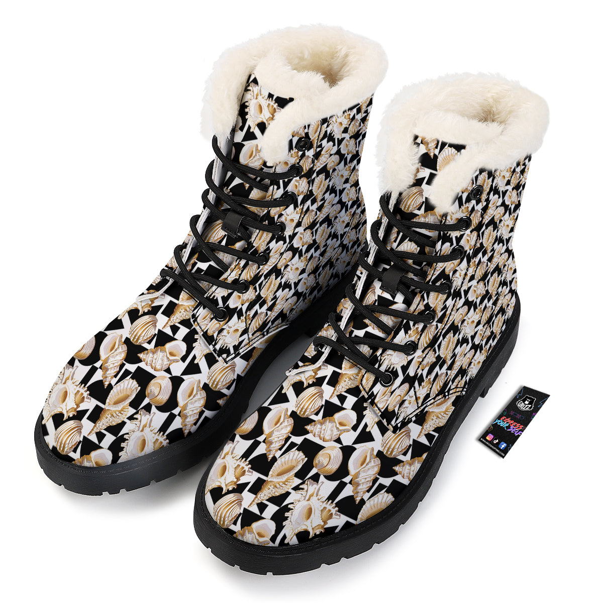 Geometric Gold Sea Shell Print Pattern Winter Boots-grizzshop