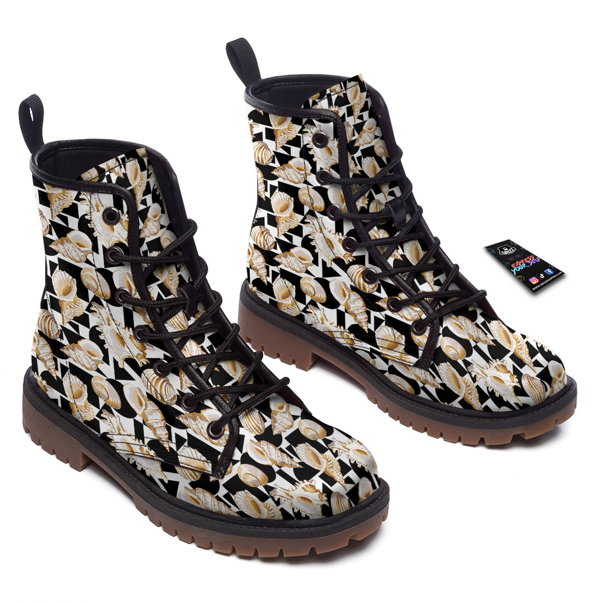 Geometric Gold Sea Shell Print Pattern Work Boots-grizzshop