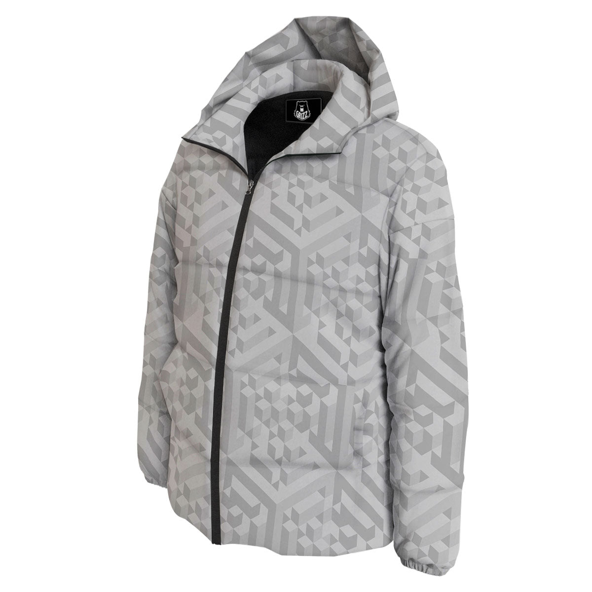 Geometric Grey Polygonal Print Down Jacket-grizzshop