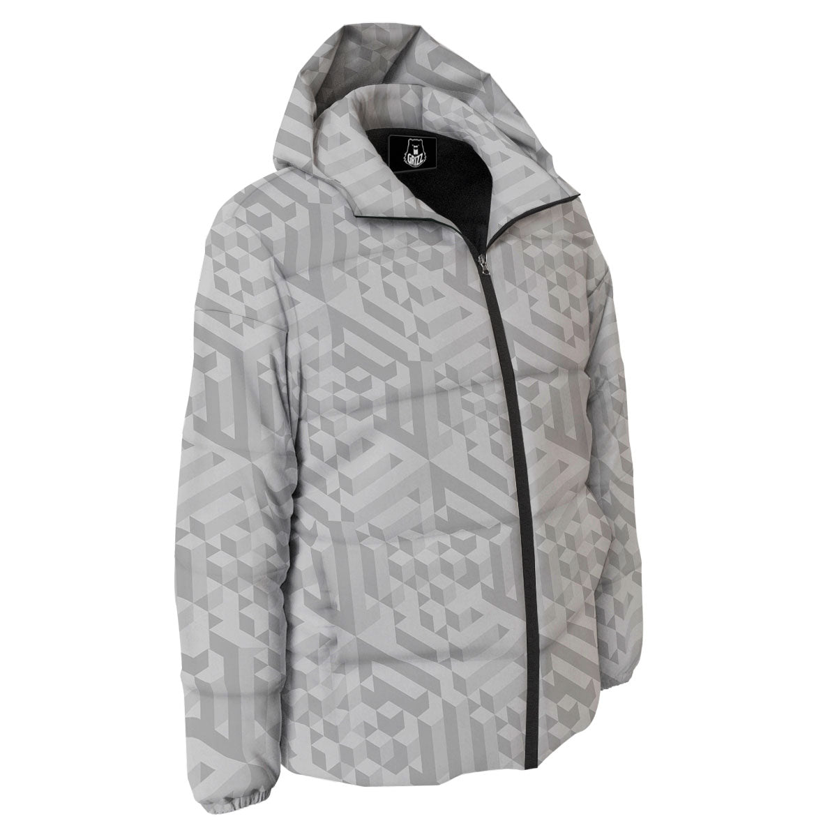 Geometric Grey Polygonal Print Down Jacket-grizzshop