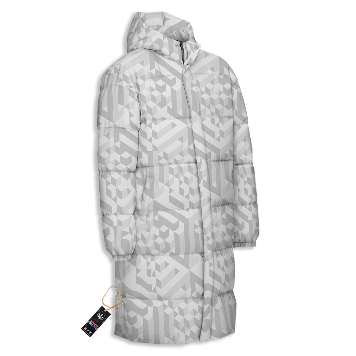 Geometric Grey Polygonal Print Long Down Jacket-grizzshop