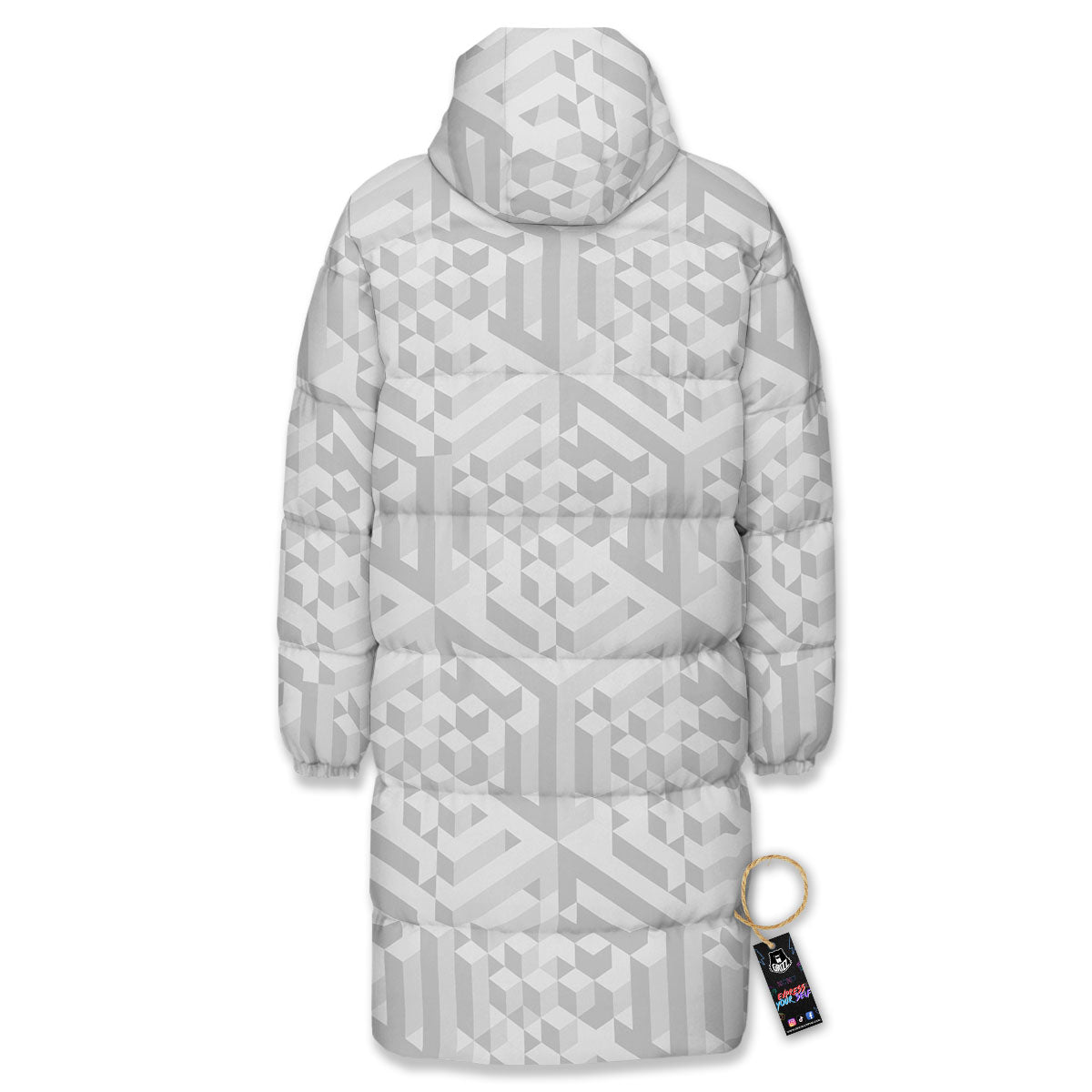 Geometric Grey Polygonal Print Long Down Jacket-grizzshop