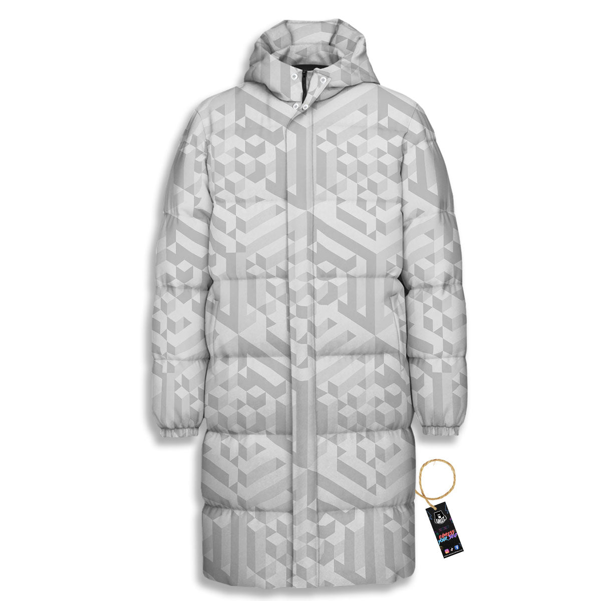 Geometric Grey Polygonal Print Long Down Jacket-grizzshop