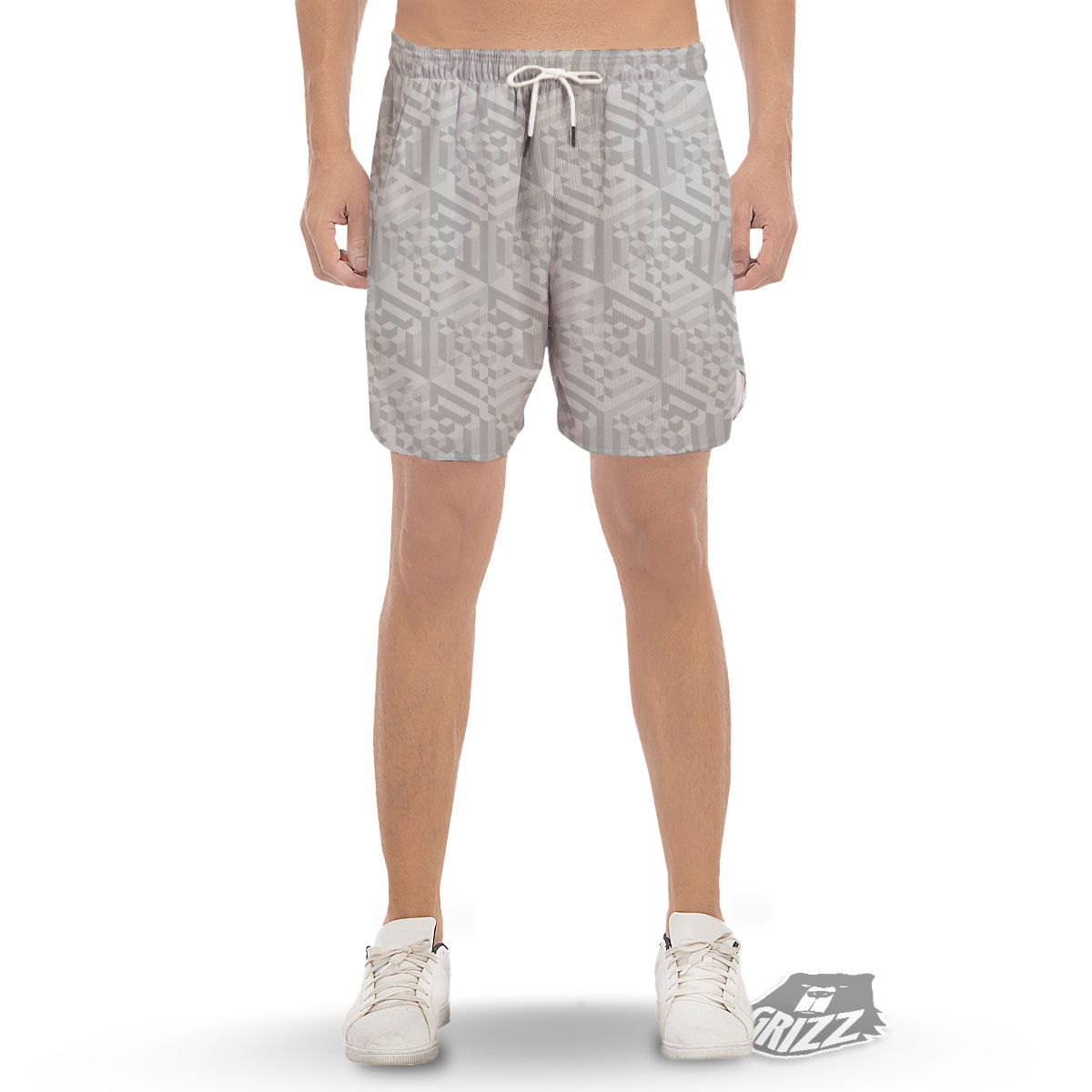 Geometric Grey Polygonal Print Men's Gym Shorts-grizzshop