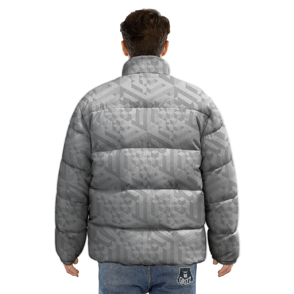 Geometric Grey Polygonal Print Puffer Jacket-grizzshop