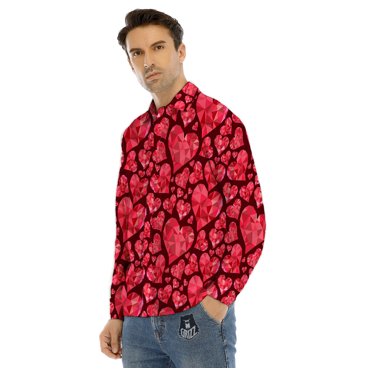 Geometric Heart Valentine's Day Print Pattern Men's Dress Shirts-grizzshop