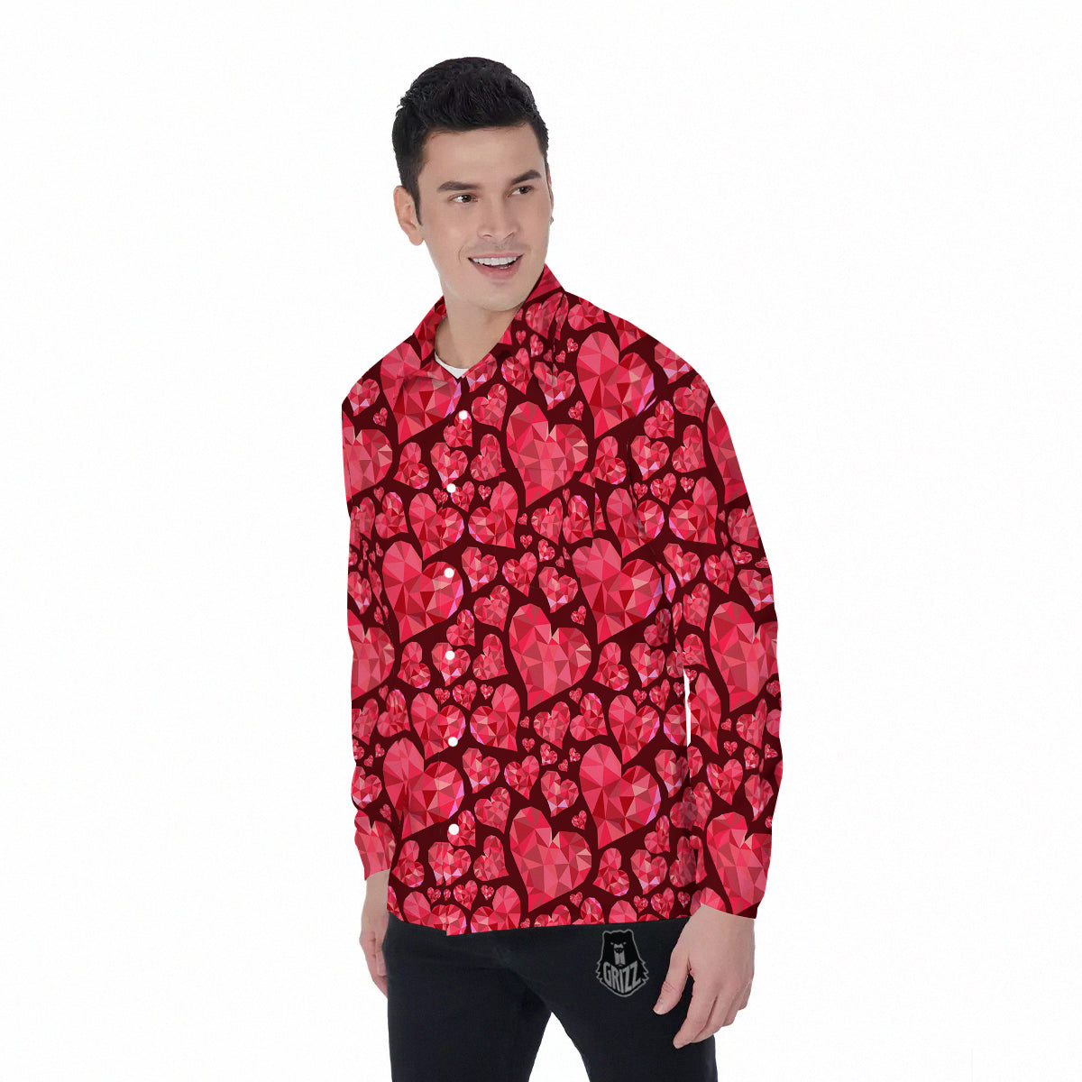 Geometric Heart Valentine's Day Print Pattern Men's Long Sleeve Shirts-grizzshop