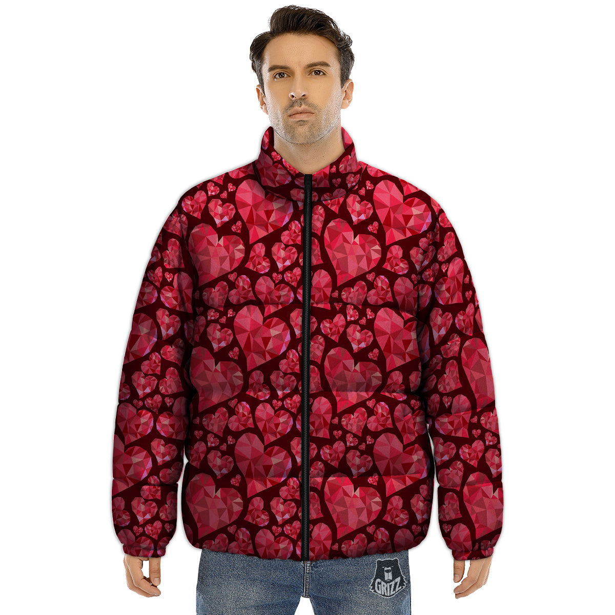 Geometric Heart Valentine's Day Print Pattern Puffer Jacket-grizzshop