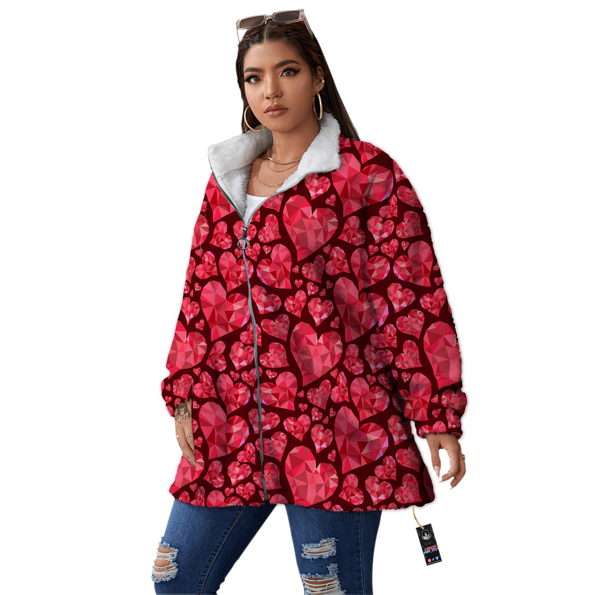 Geometric Heart Valentine's Day Print Pattern Women's Sherpa Jacket-grizzshop