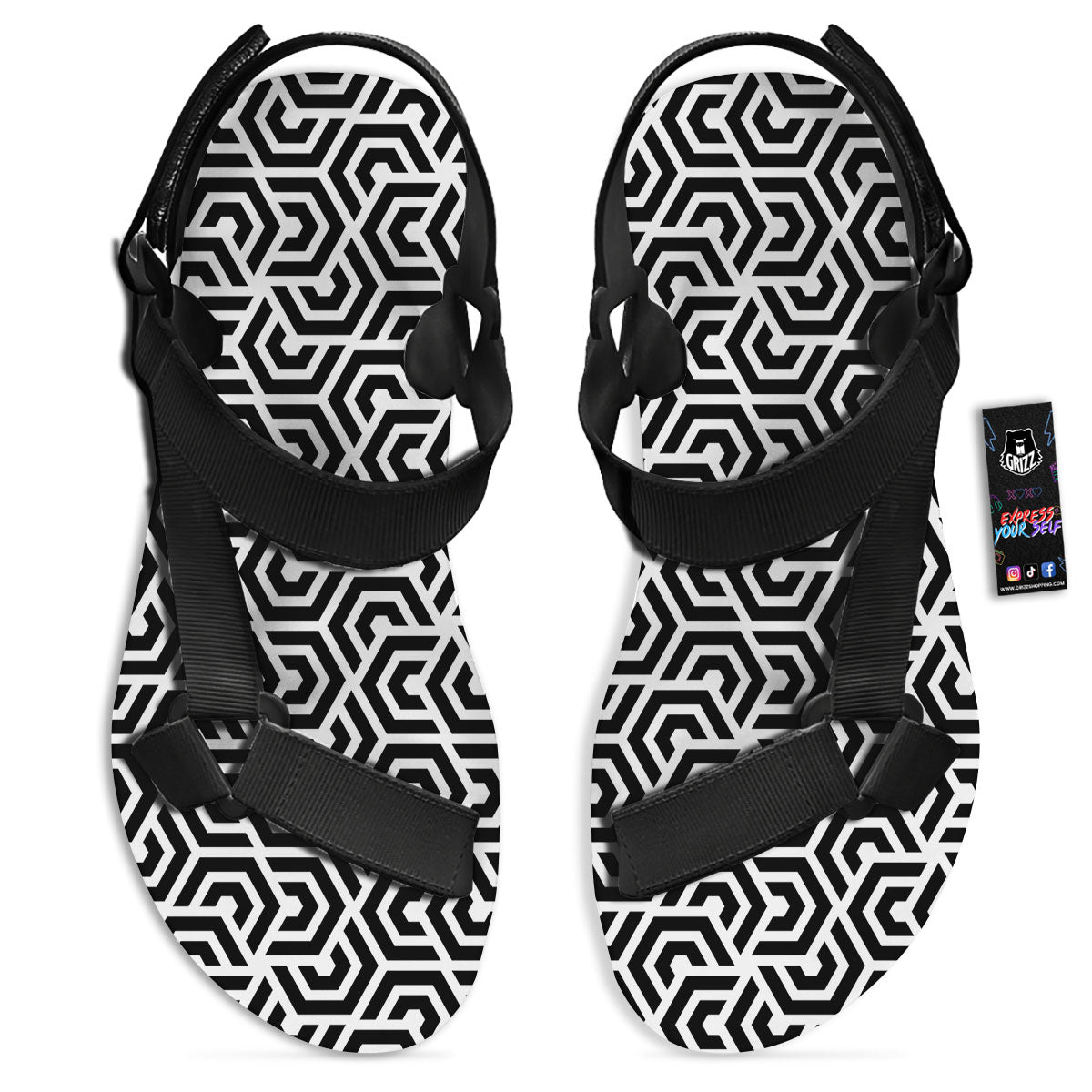 Geometric Hexagon Print Pattern Black Open Toe Sandals-grizzshop