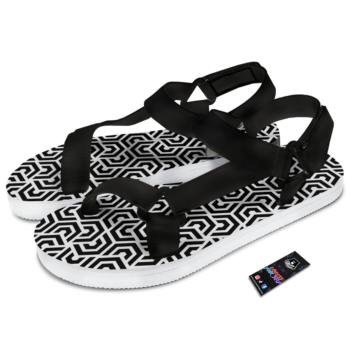 Geometric Hexagon Print Pattern Black Open Toe Sandals-grizzshop