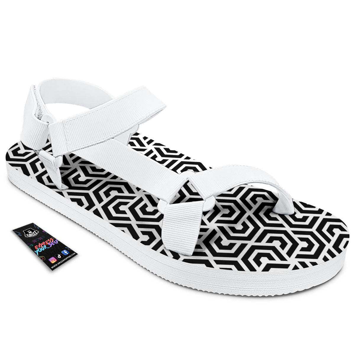 Geometric Hexagon Print Pattern White Open Toe Sandals-grizzshop