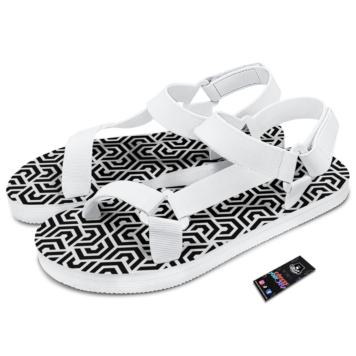 Geometric Hexagon Print Pattern White Open Toe Sandals-grizzshop