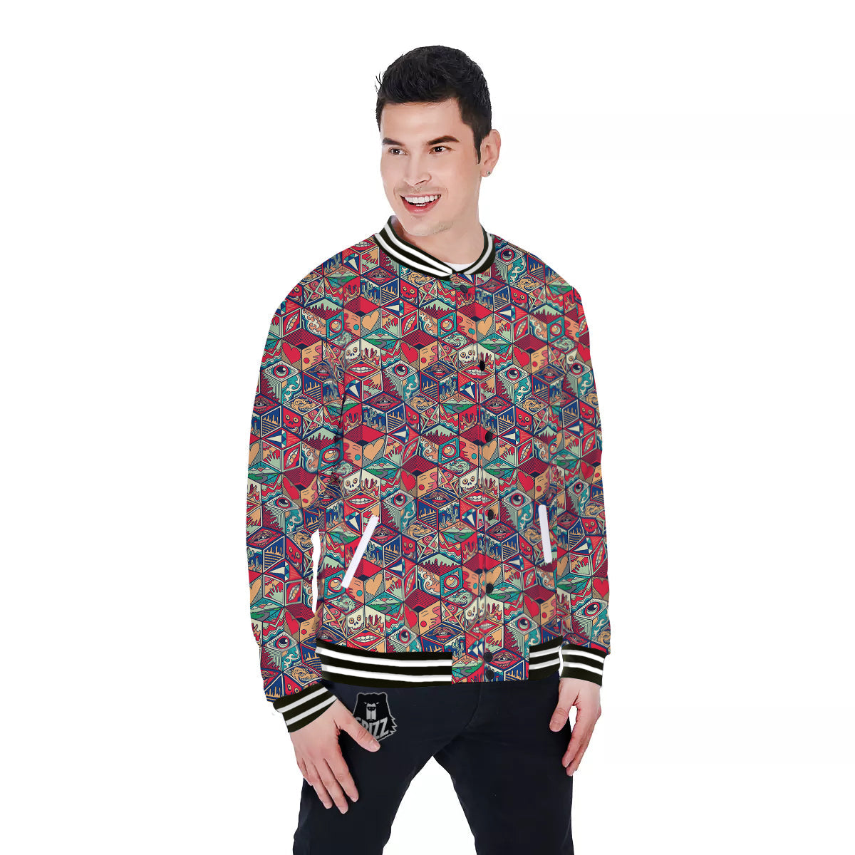 Geometric Hexagon Vintage Print Pattern Baseball Jacket-grizzshop