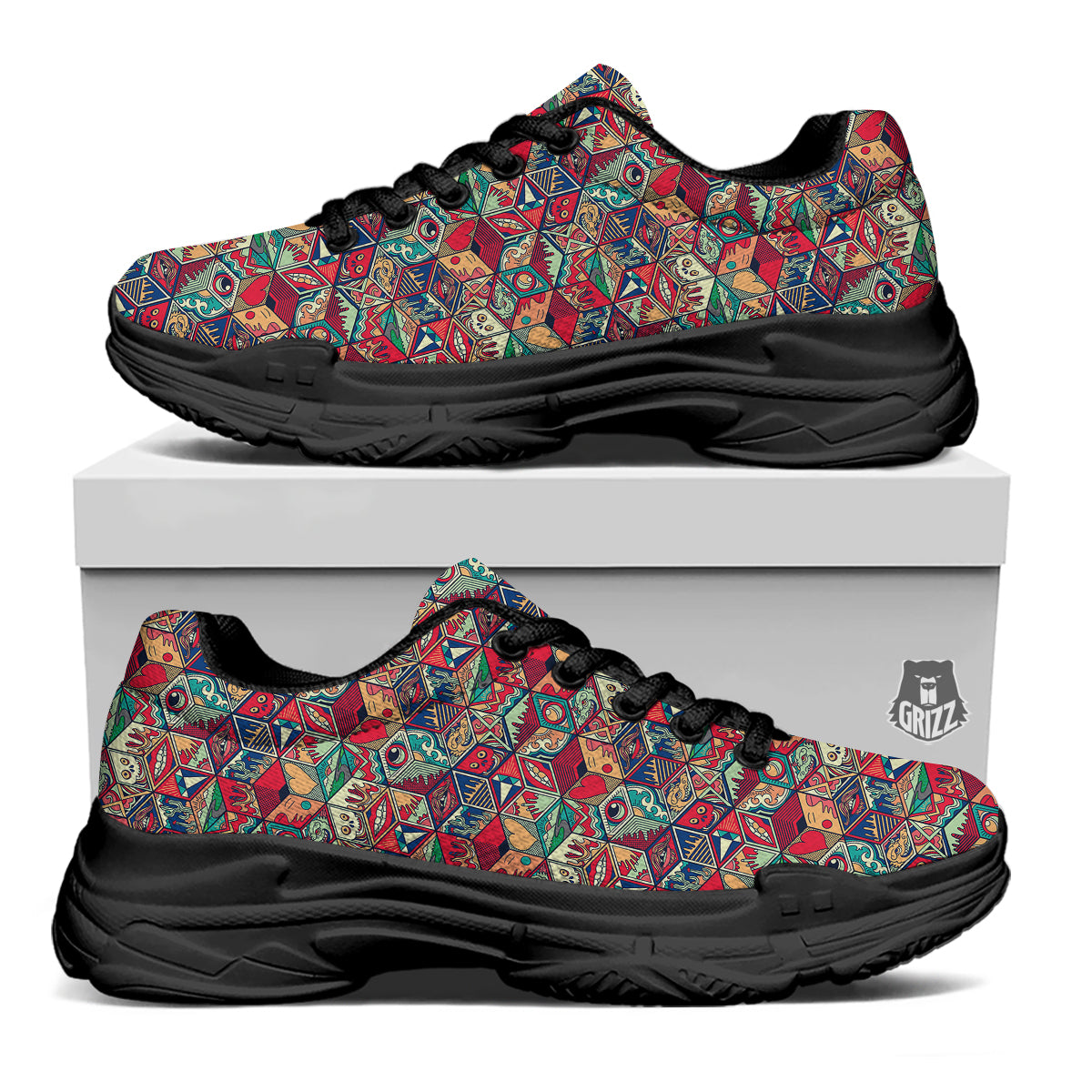 Geometric Hexagon Vintage Print Pattern Black Chunky Shoes-grizzshop