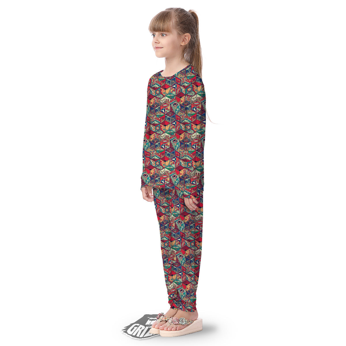 Geometric Hexagon Vintage Print Pattern Kid's Pajamas-grizzshop