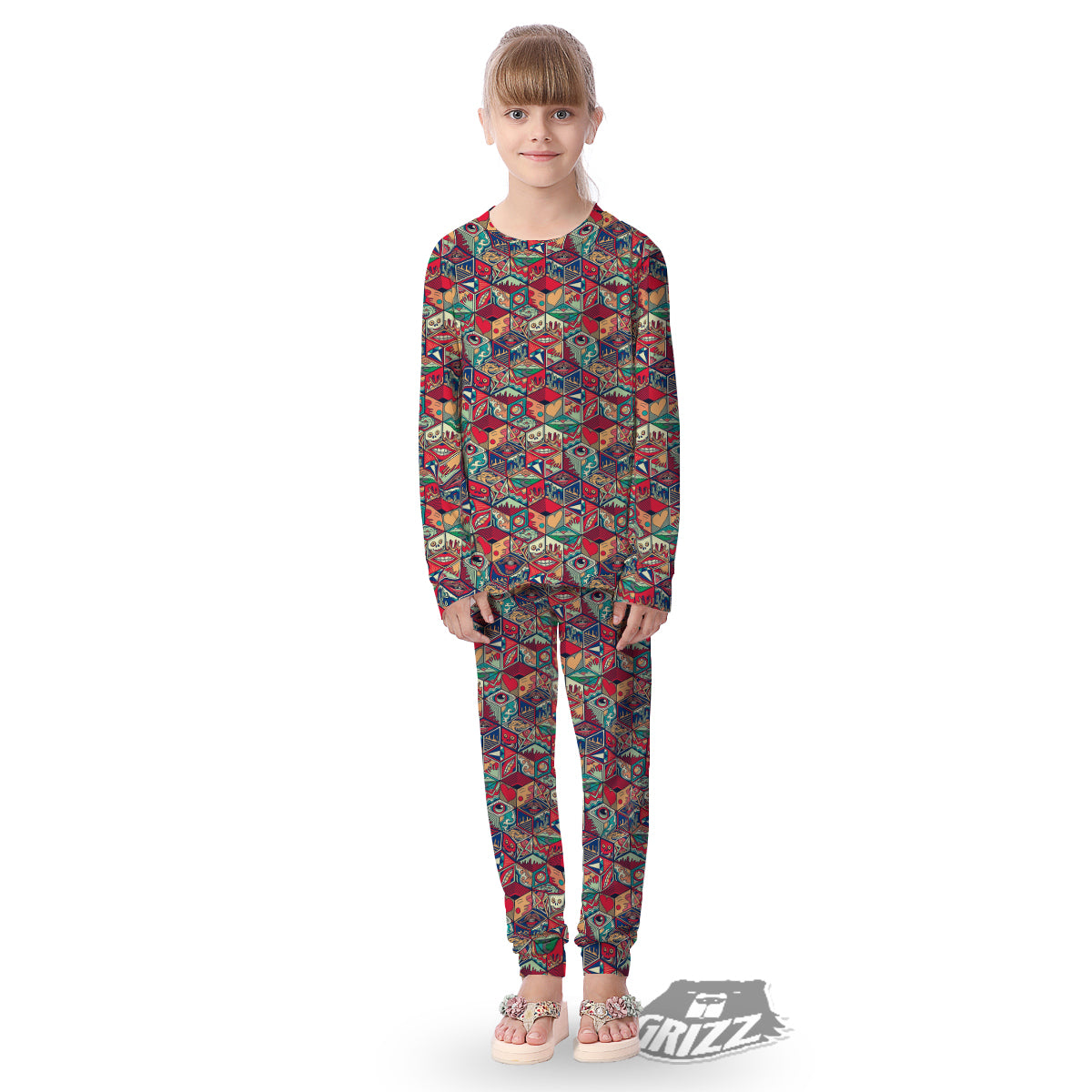 Geometric Hexagon Vintage Print Pattern Kid's Pajamas-grizzshop
