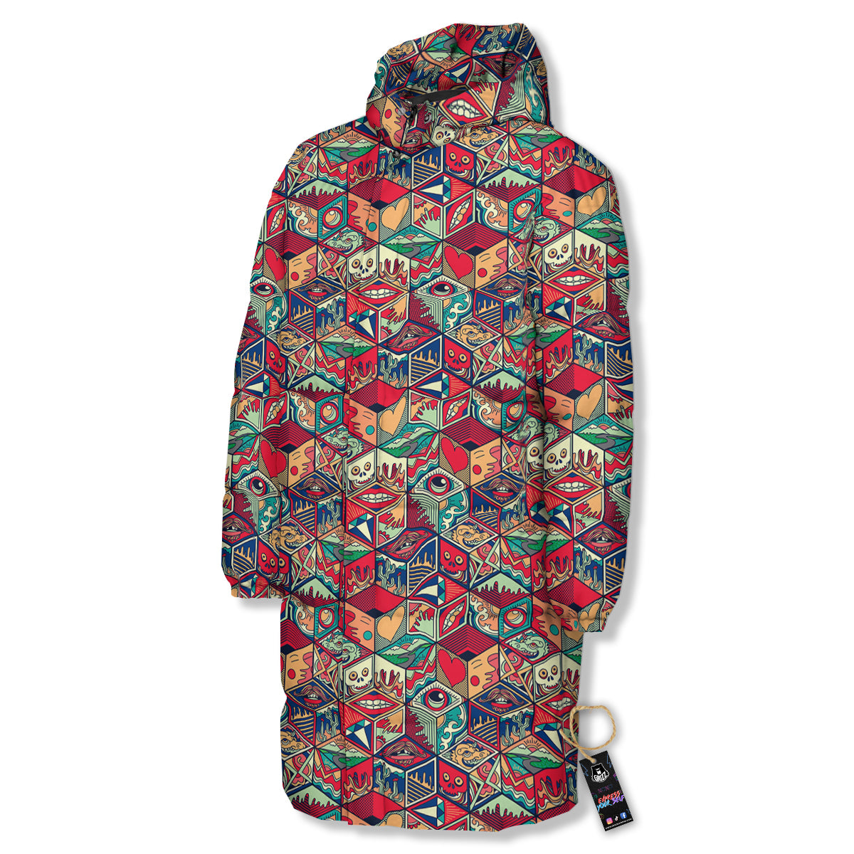 Geometric Hexagon Vintage Print Pattern Long Down Jacket-grizzshop