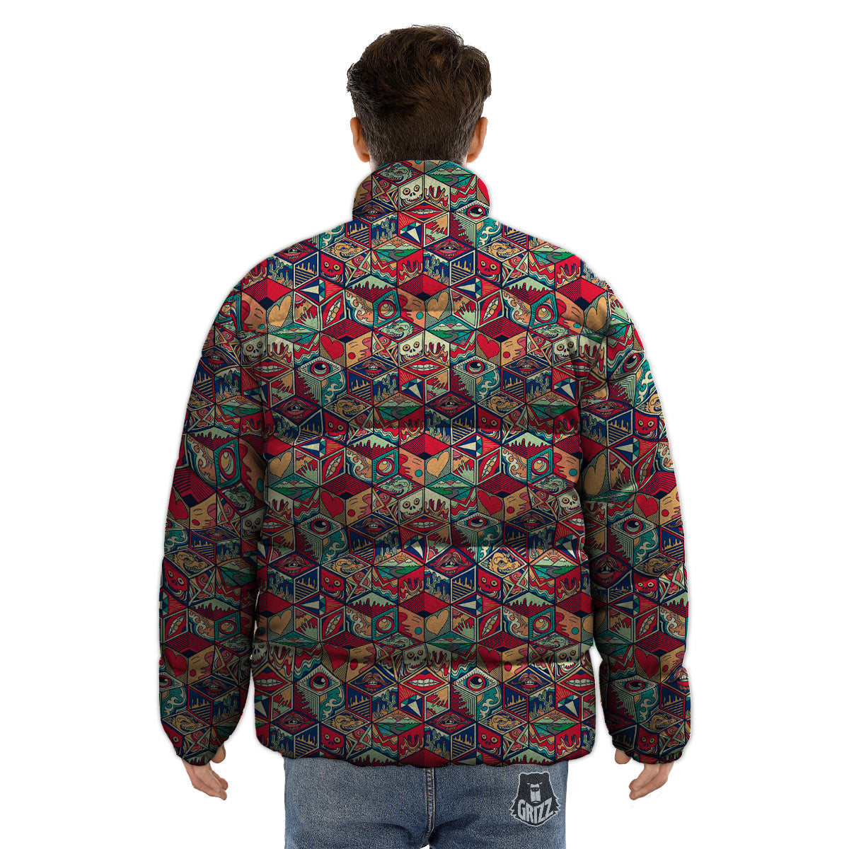 Geometric Hexagon Vintage Print Pattern Puffer Jacket-grizzshop