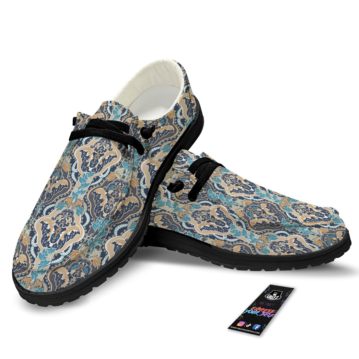 Geometric Indian Ornamental Print Pattern Black Loafers-grizzshop