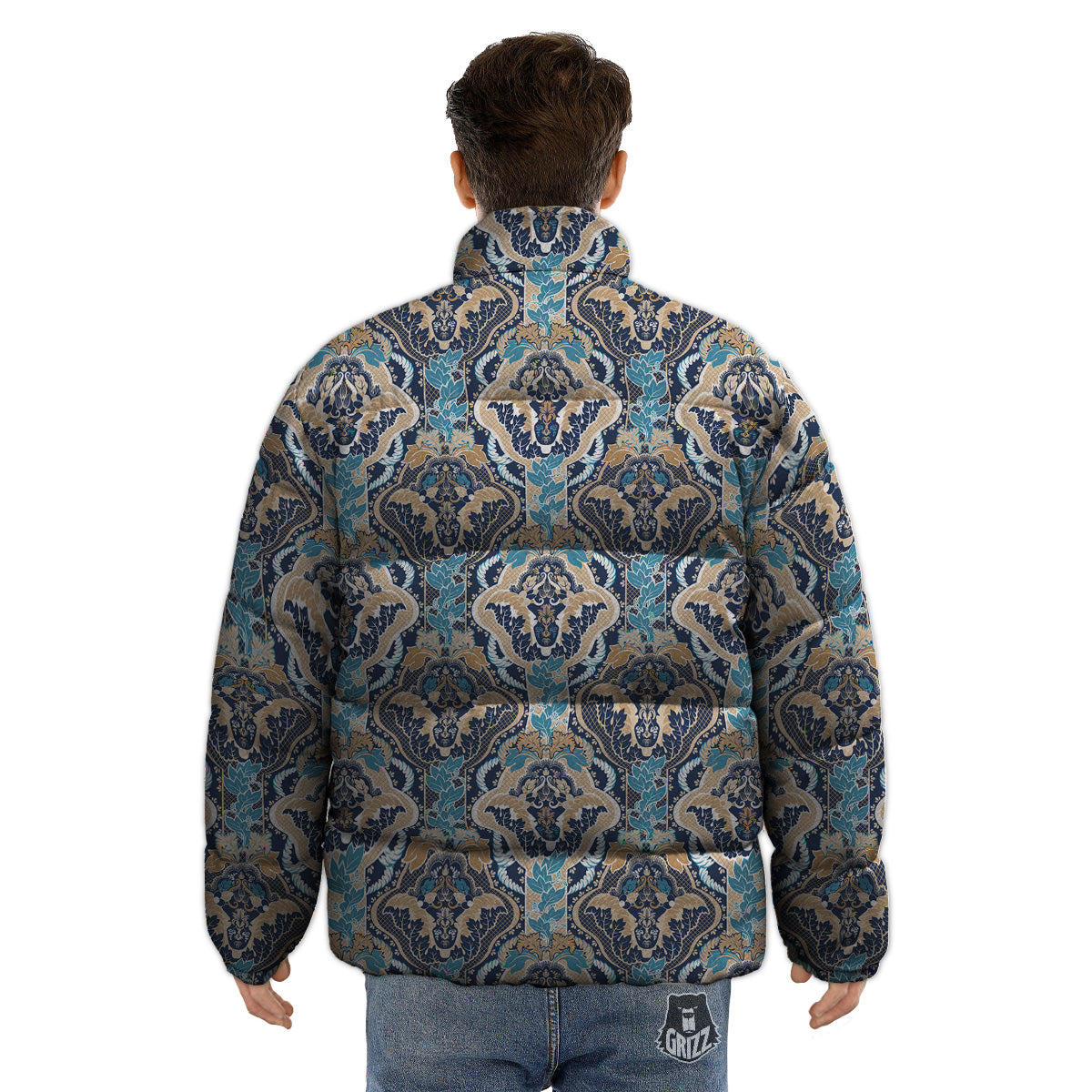 Geometric Indian Ornamental Print Pattern Puffer Jacket-grizzshop