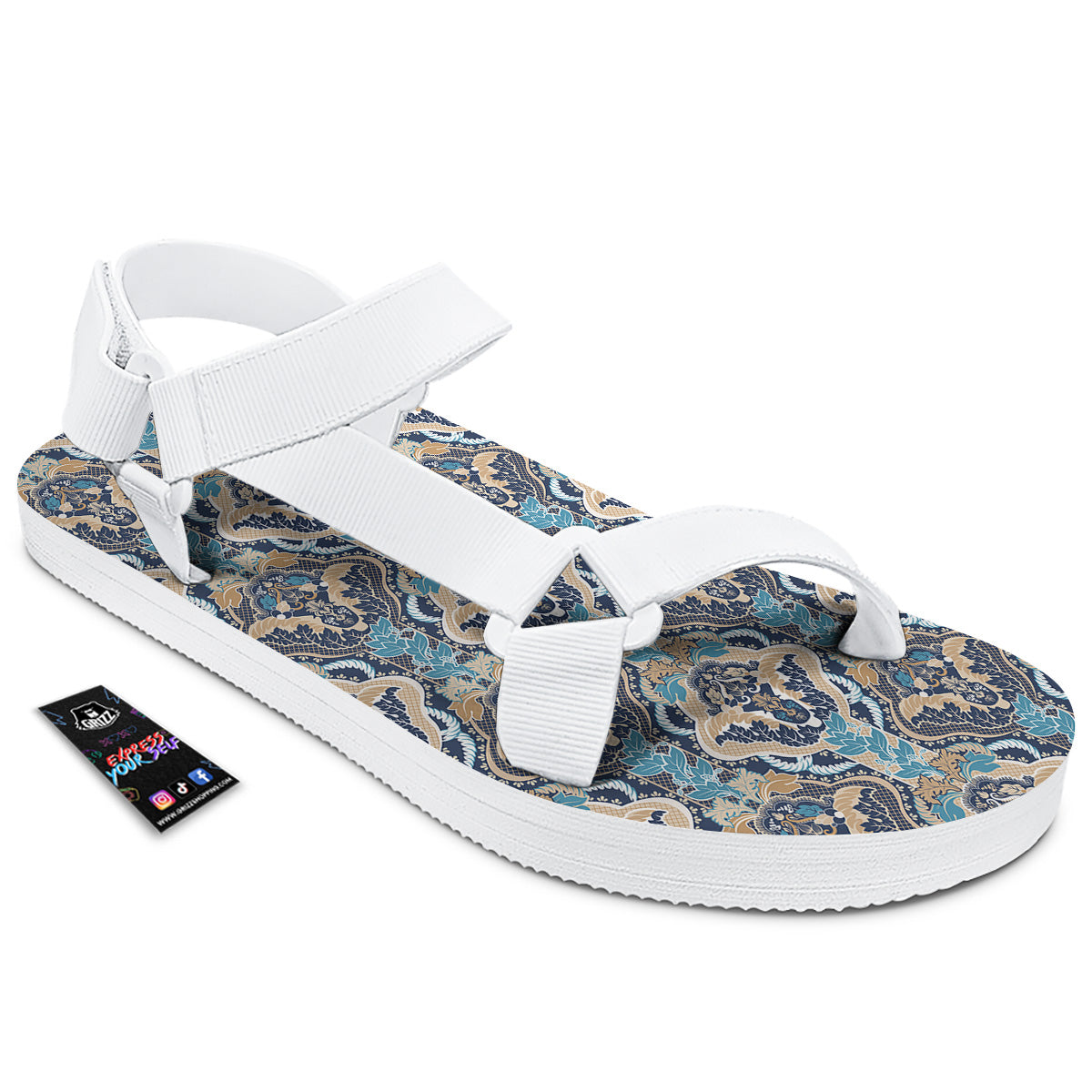 Geometric Indian Ornamental Print Pattern White Open Toe Sandals-grizzshop