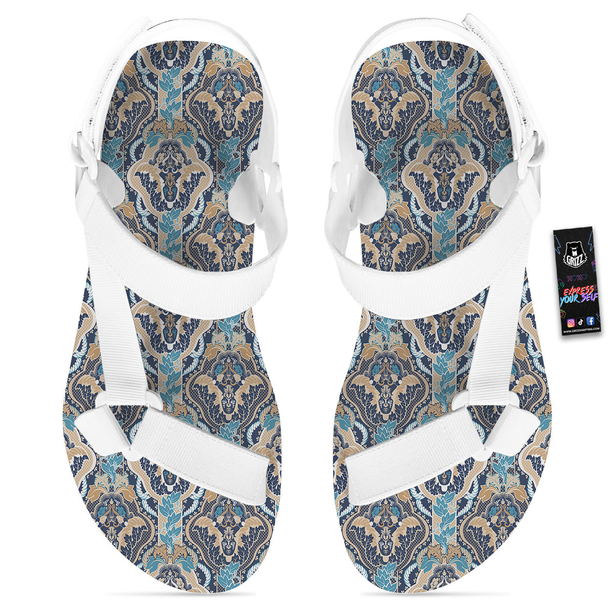 Geometric Indian Ornamental Print Pattern White Open Toe Sandals-grizzshop