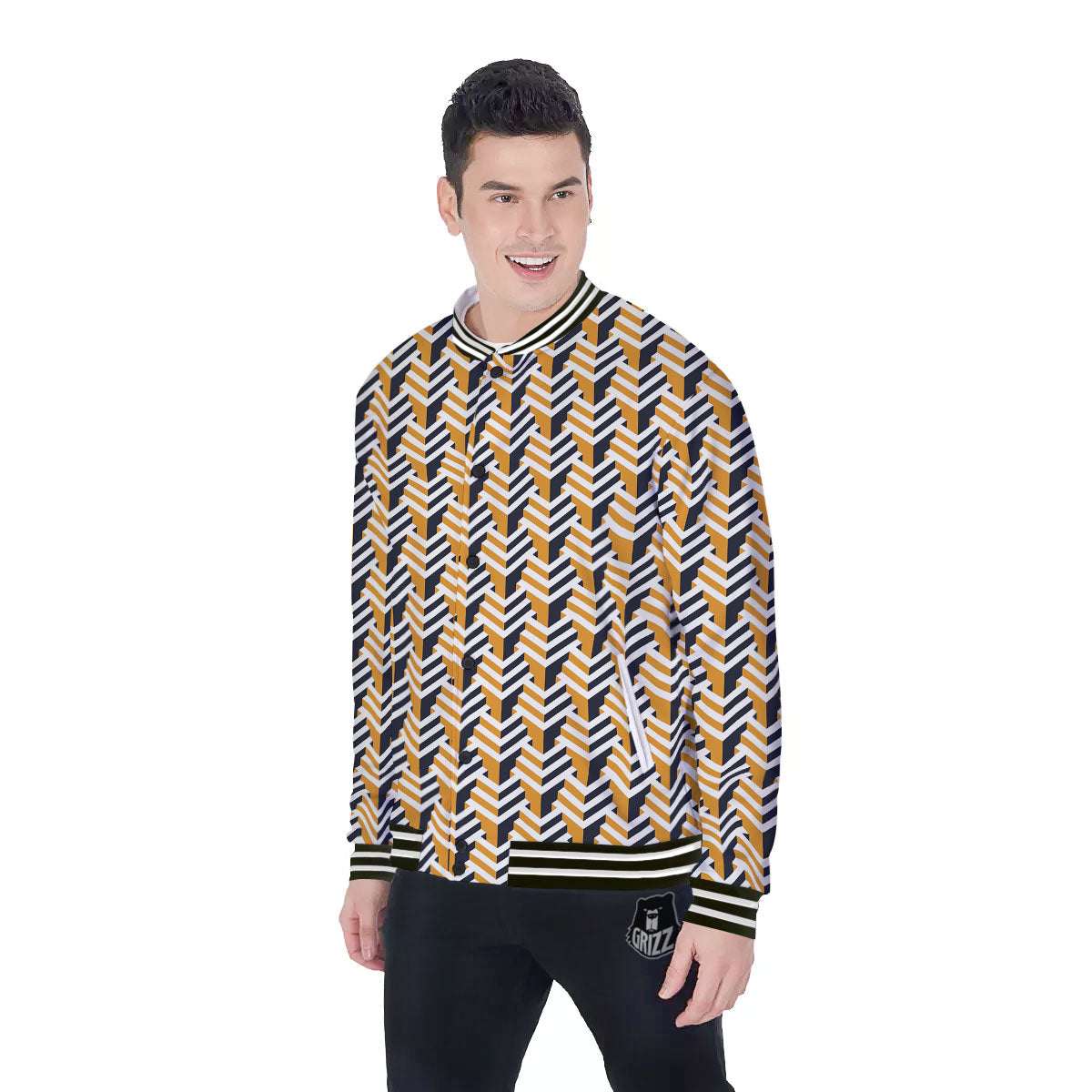 Geometric Isometric Print Pattern Baseball Jacket-grizzshop