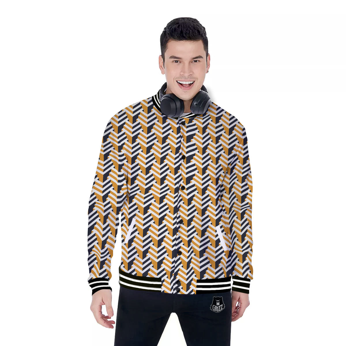 Geometric Isometric Print Pattern Baseball Jacket-grizzshop