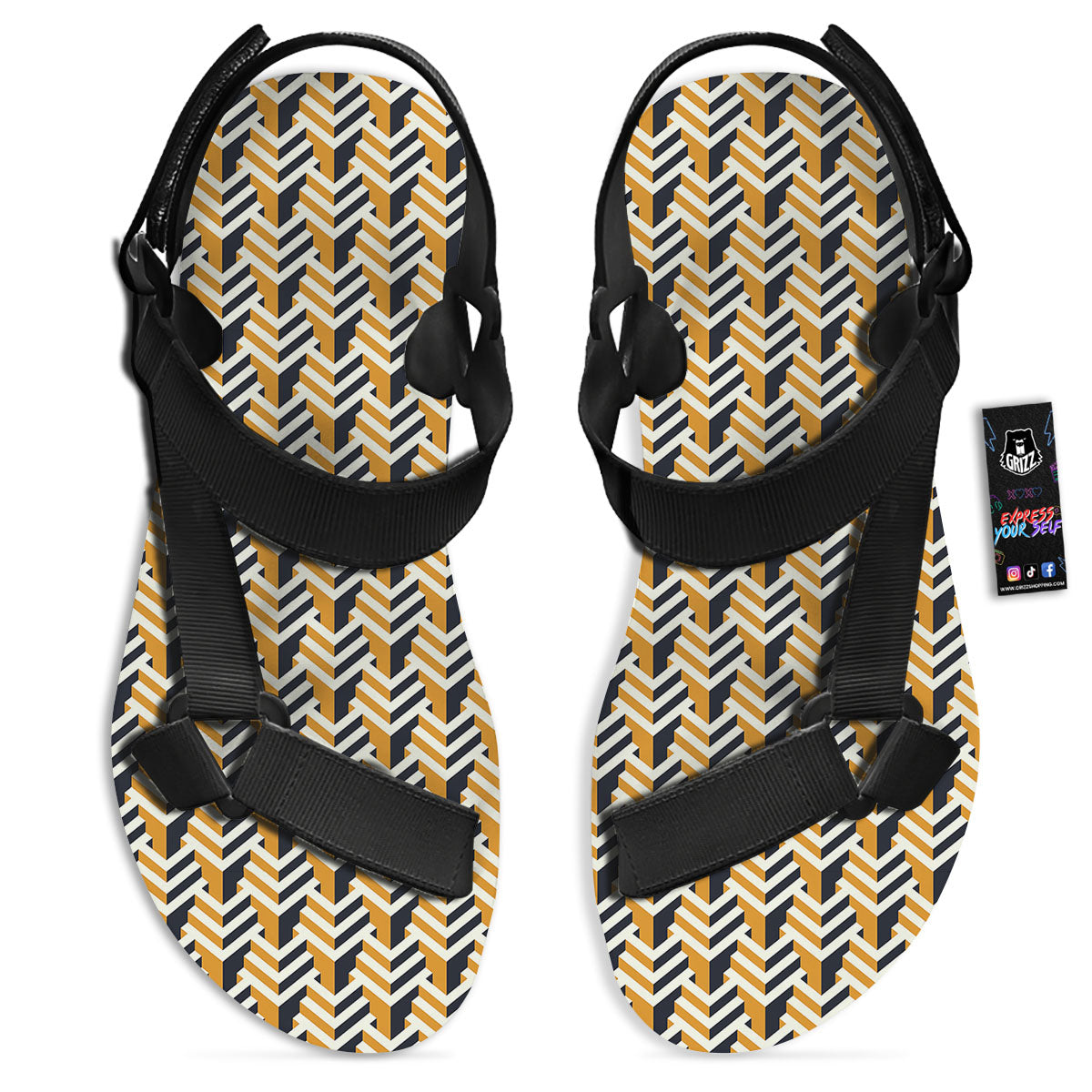 Geometric Isometric Print Pattern Black Open Toe Sandals-grizzshop