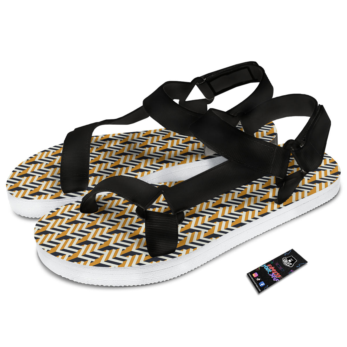 Geometric Isometric Print Pattern Black Open Toe Sandals-grizzshop
