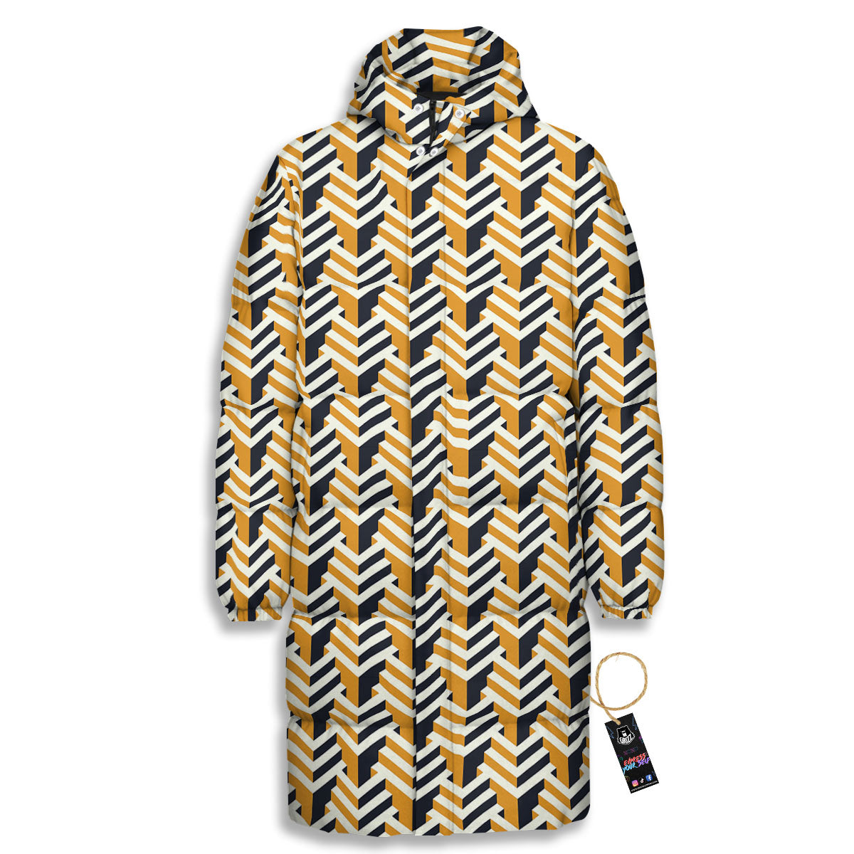Geometric Isometric Print Pattern Long Down Jacket-grizzshop