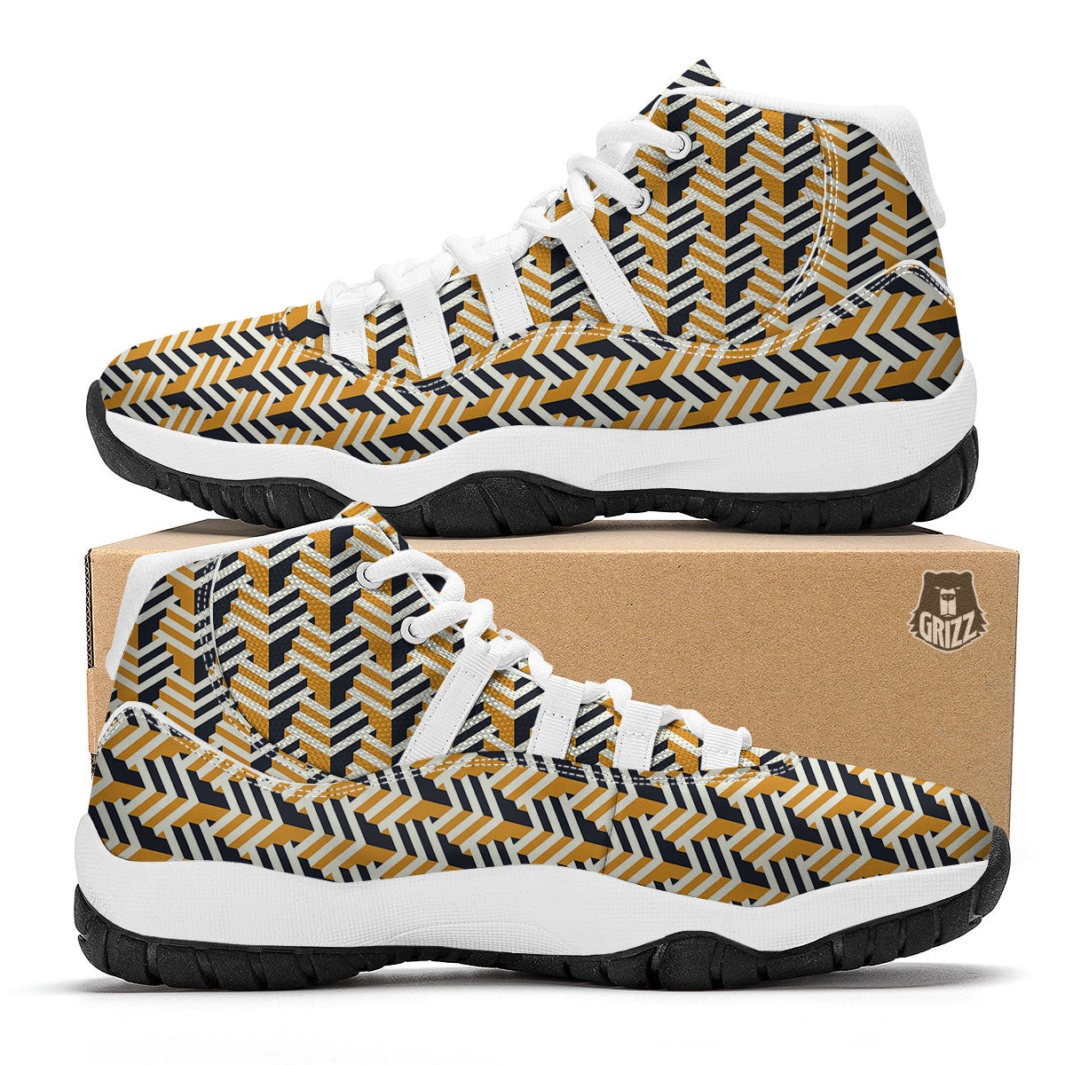 Geometric Isometric Print Pattern White Bball Shoes-grizzshop