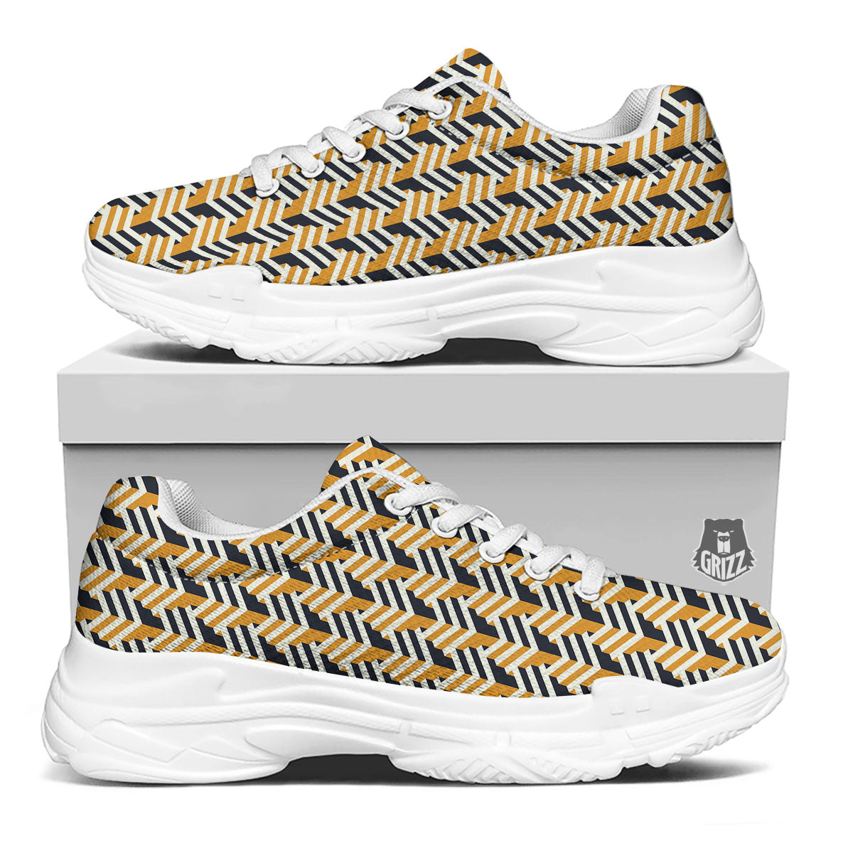 Geometric Isometric Print Pattern White Chunky Shoes-grizzshop