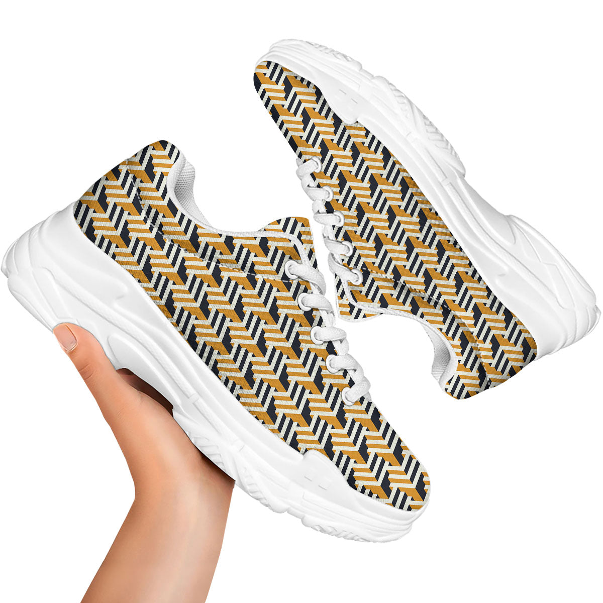 Geometric Isometric Print Pattern White Chunky Shoes-grizzshop