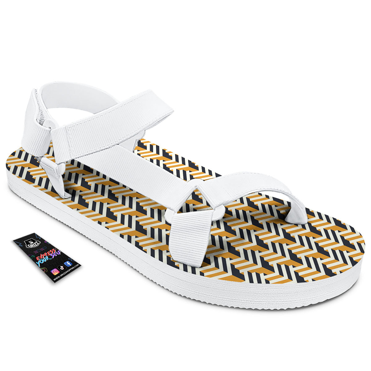 Geometric Isometric Print Pattern White Open Toe Sandals-grizzshop