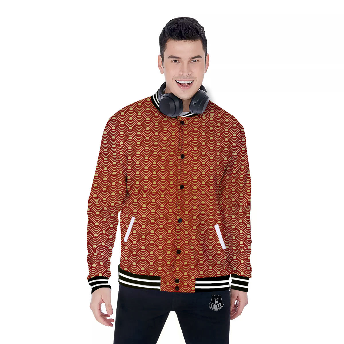 Geometric Japanese Print Pattern Baseball Jacket-grizzshop
